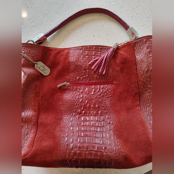 Anna Morellini Dark Red Suede Leather Crocodile Hobo Bag - Picture 15 of 16